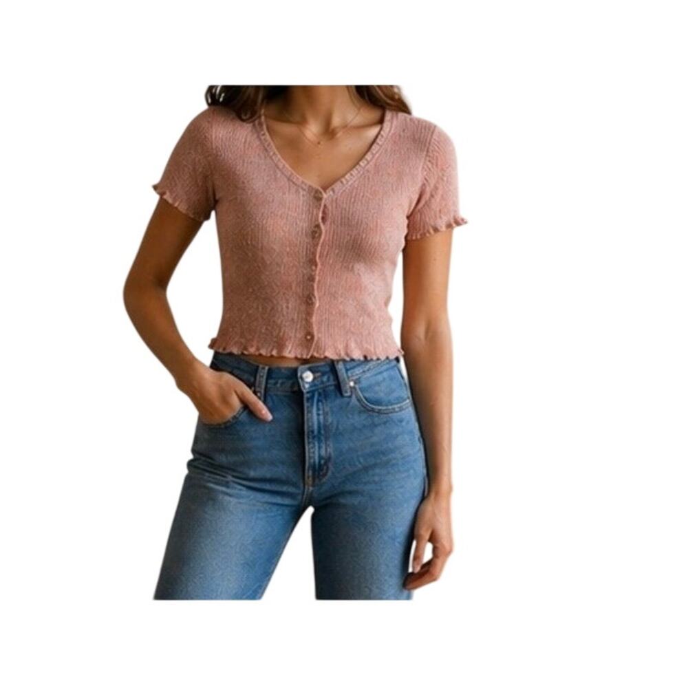 Caution To The Wind Pink Button Front Knit Crop Top XS/S Y2K Style Soft Girl